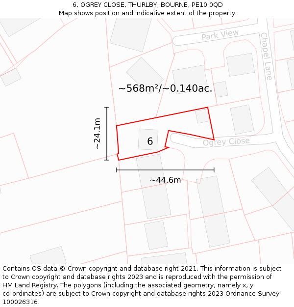 6, OGREY CLOSE, THURLBY, BOURNE, PE10 0QD: Plot and title map