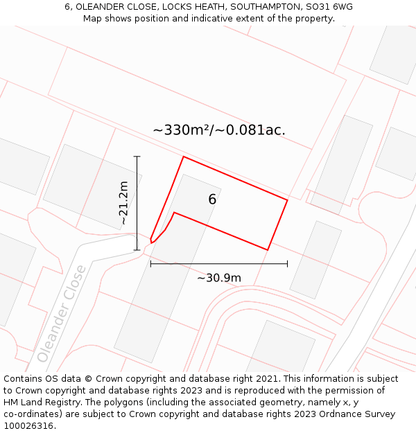 6, OLEANDER CLOSE, LOCKS HEATH, SOUTHAMPTON, SO31 6WG: Plot and title map