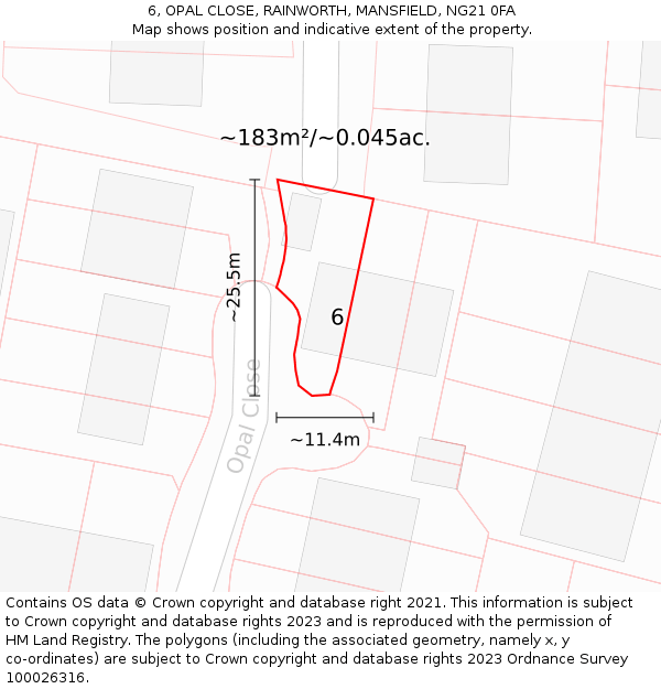 6, OPAL CLOSE, RAINWORTH, MANSFIELD, NG21 0FA: Plot and title map
