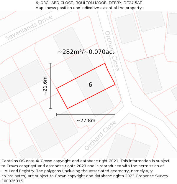 6, ORCHARD CLOSE, BOULTON MOOR, DERBY, DE24 5AE: Plot and title map