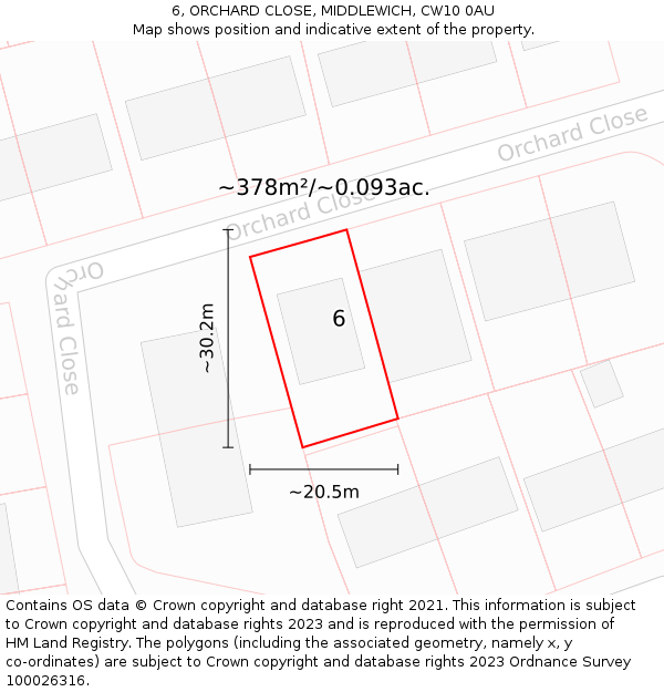 6, ORCHARD CLOSE, MIDDLEWICH, CW10 0AU: Plot and title map