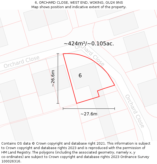 6, ORCHARD CLOSE, WEST END, WOKING, GU24 9NS: Plot and title map