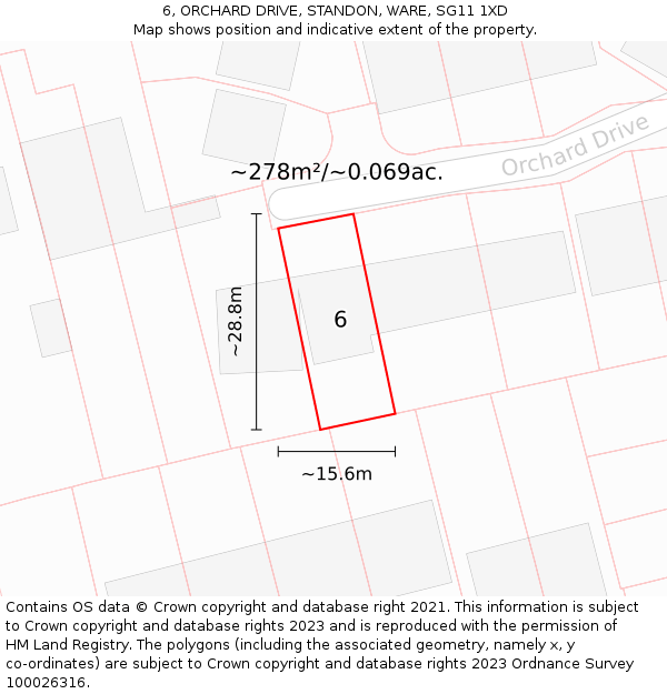 6, ORCHARD DRIVE, STANDON, WARE, SG11 1XD: Plot and title map