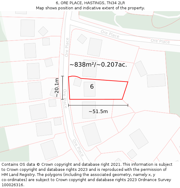 6, ORE PLACE, HASTINGS, TN34 2LR: Plot and title map