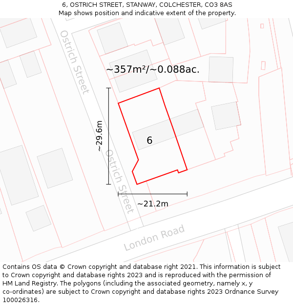 6, OSTRICH STREET, STANWAY, COLCHESTER, CO3 8AS: Plot and title map