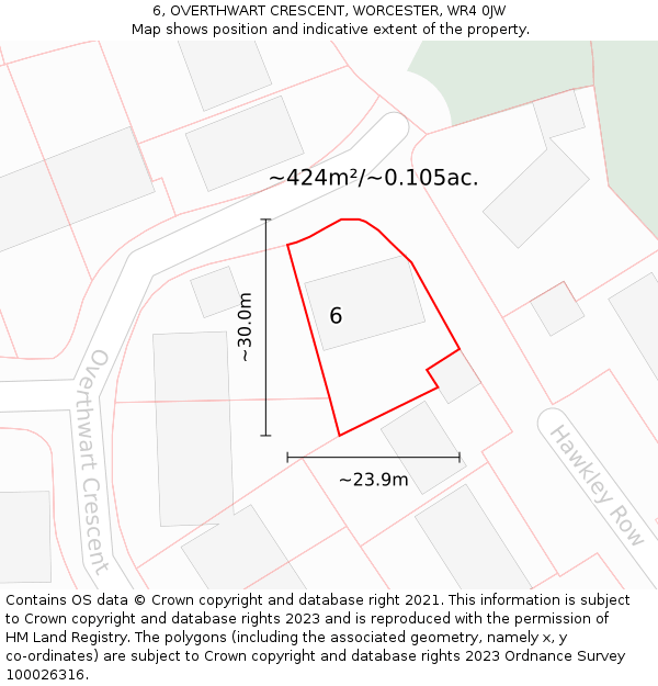 6, OVERTHWART CRESCENT, WORCESTER, WR4 0JW: Plot and title map