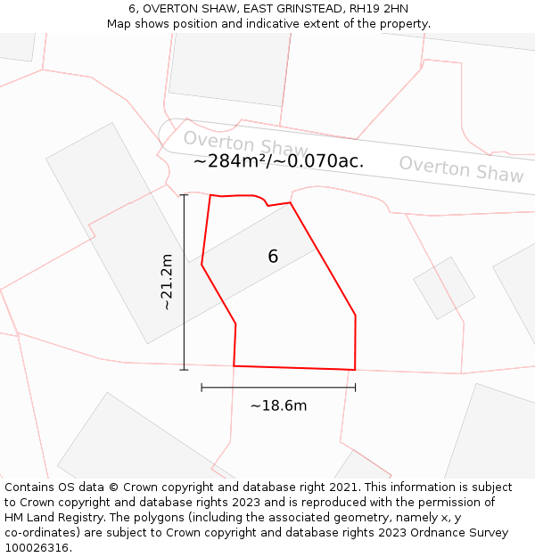6, OVERTON SHAW, EAST GRINSTEAD, RH19 2HN: Plot and title map