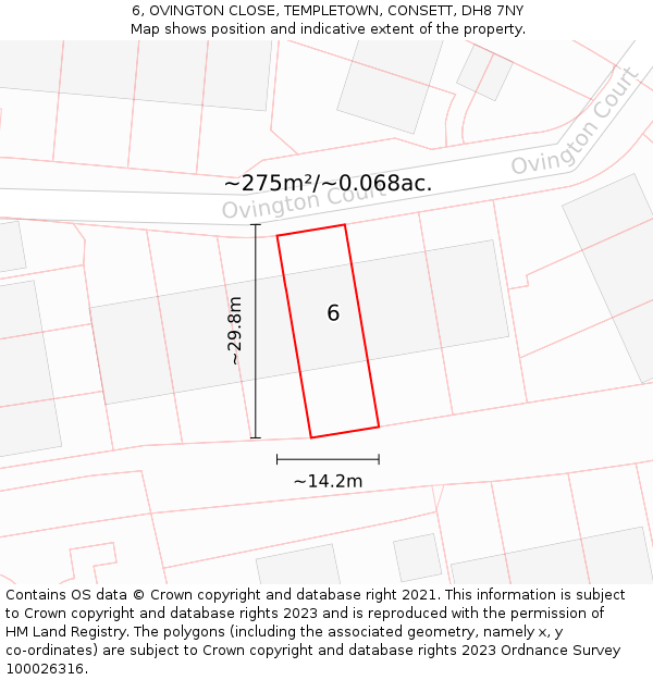 6, OVINGTON CLOSE, TEMPLETOWN, CONSETT, DH8 7NY: Plot and title map