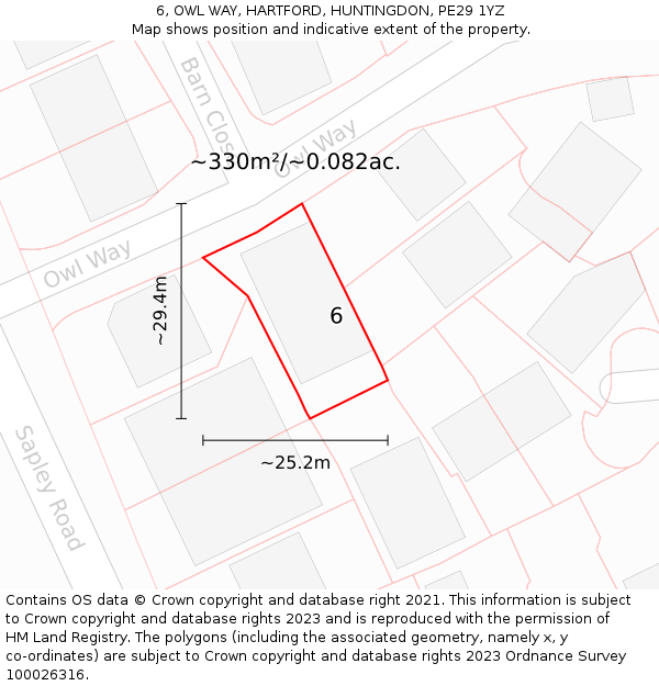 6, OWL WAY, HARTFORD, HUNTINGDON, PE29 1YZ: Plot and title map