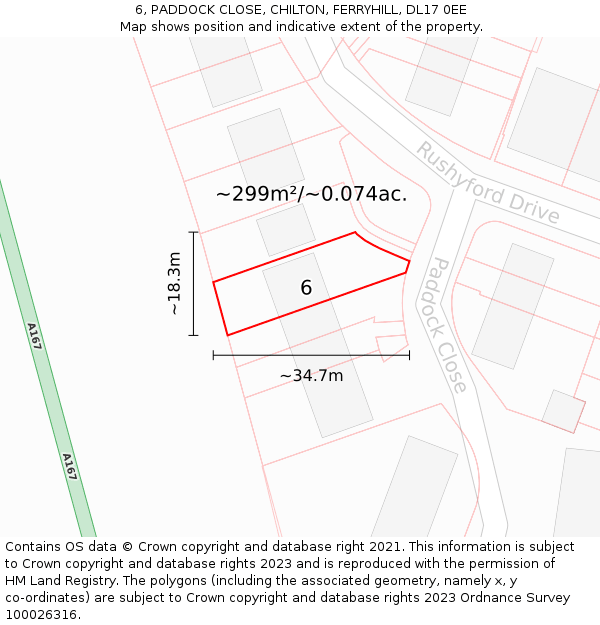 6, PADDOCK CLOSE, CHILTON, FERRYHILL, DL17 0EE: Plot and title map