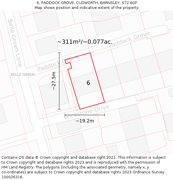 6, PADDOCK GROVE, CUDWORTH, BARNSLEY, S72 8GF: Plot and title map