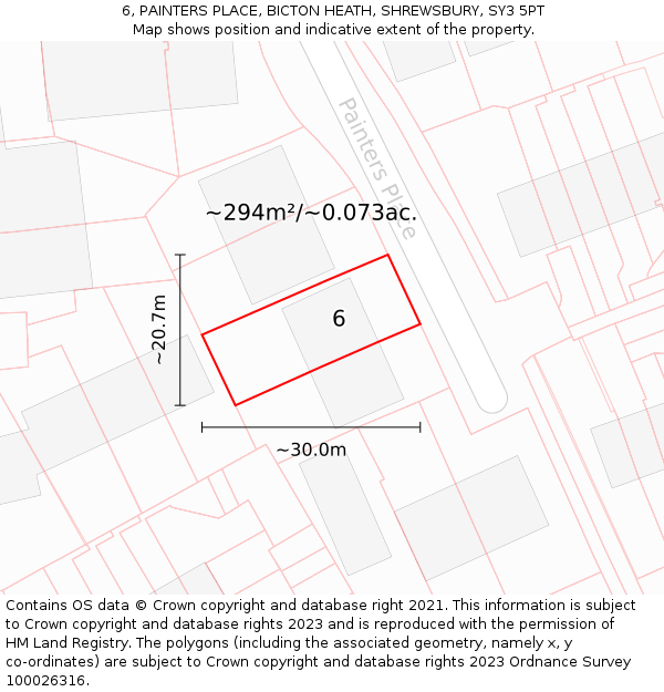 6, PAINTERS PLACE, BICTON HEATH, SHREWSBURY, SY3 5PT: Plot and title map