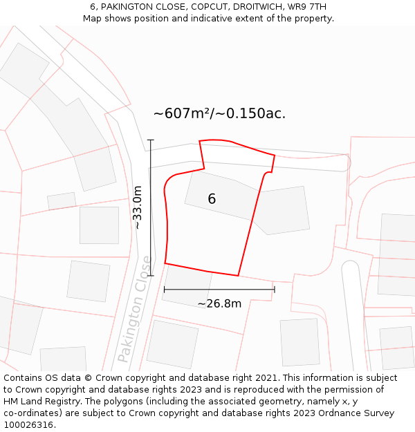 6, PAKINGTON CLOSE, COPCUT, DROITWICH, WR9 7TH: Plot and title map