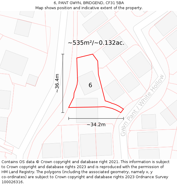 6, PANT GWYN, BRIDGEND, CF31 5BA: Plot and title map