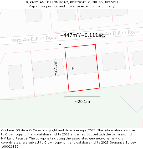 6, PARC  AN   DILLON ROAD, PORTSCATHO, TRURO, TR2 5DU: Plot and title map