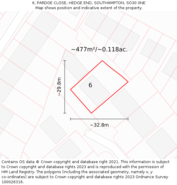 6, PARDOE CLOSE, HEDGE END, SOUTHAMPTON, SO30 0NE: Plot and title map
