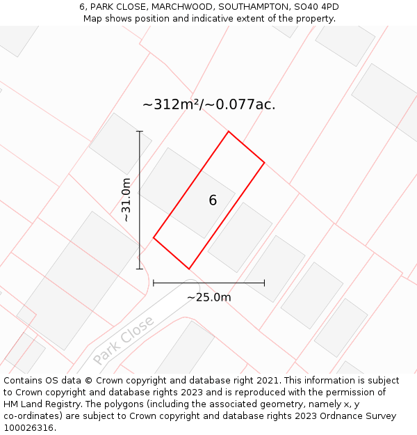 6, PARK CLOSE, MARCHWOOD, SOUTHAMPTON, SO40 4PD: Plot and title map