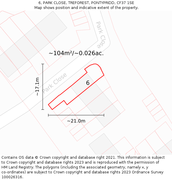 6, PARK CLOSE, TREFOREST, PONTYPRIDD, CF37 1SE: Plot and title map