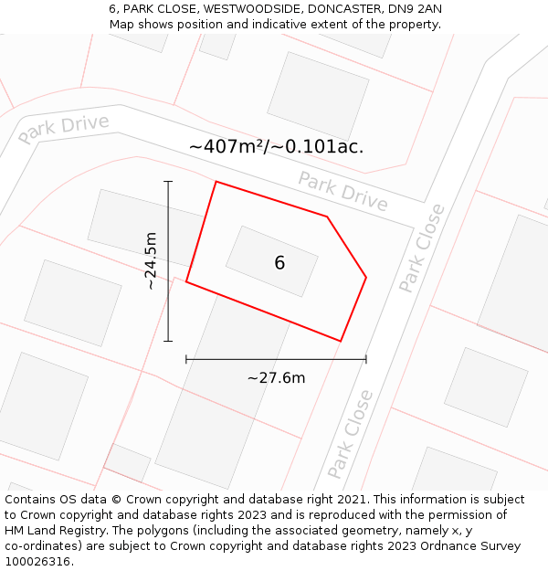 6, PARK CLOSE, WESTWOODSIDE, DONCASTER, DN9 2AN: Plot and title map