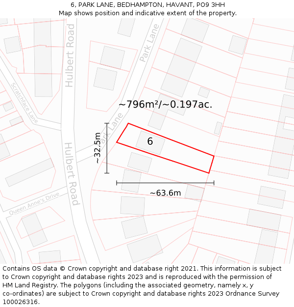 6, PARK LANE, BEDHAMPTON, HAVANT, PO9 3HH: Plot and title map