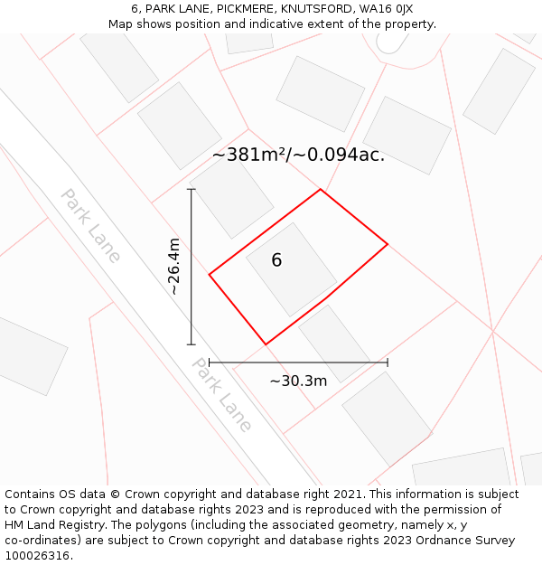 6, PARK LANE, PICKMERE, KNUTSFORD, WA16 0JX: Plot and title map