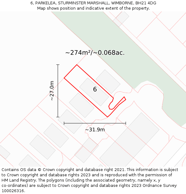 6, PARKELEA, STURMINSTER MARSHALL, WIMBORNE, BH21 4DG: Plot and title map