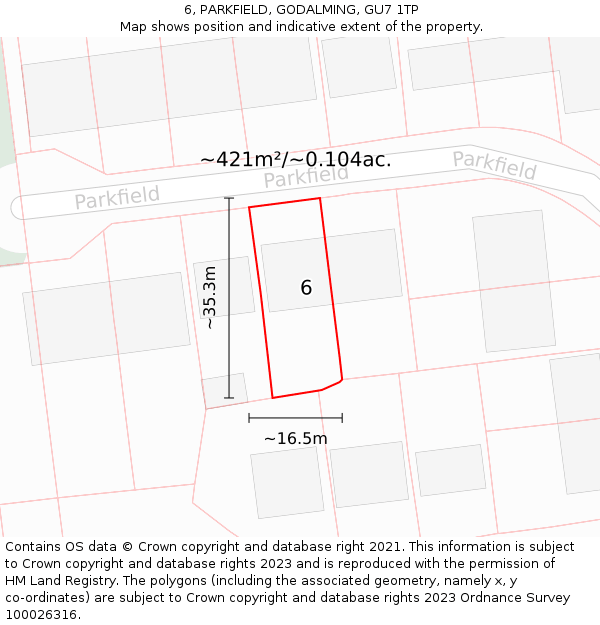 6, PARKFIELD, GODALMING, GU7 1TP: Plot and title map
