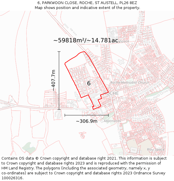 6, PARKWOON CLOSE, ROCHE, ST AUSTELL, PL26 8EZ: Plot and title map