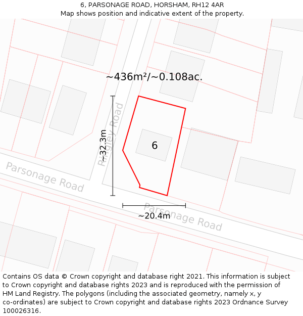6, PARSONAGE ROAD, HORSHAM, RH12 4AR: Plot and title map