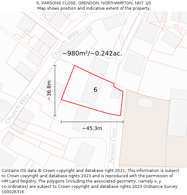 6, PARSONS CLOSE, GRENDON, NORTHAMPTON, NN7 1JS: Plot and title map