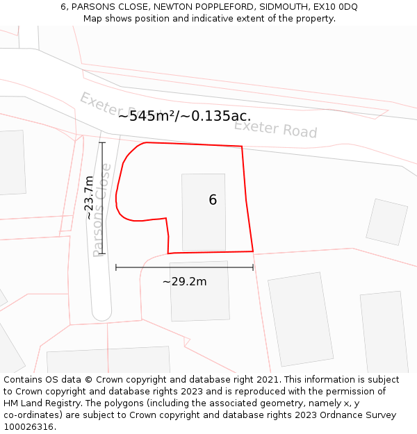 6, PARSONS CLOSE, NEWTON POPPLEFORD, SIDMOUTH, EX10 0DQ: Plot and title map