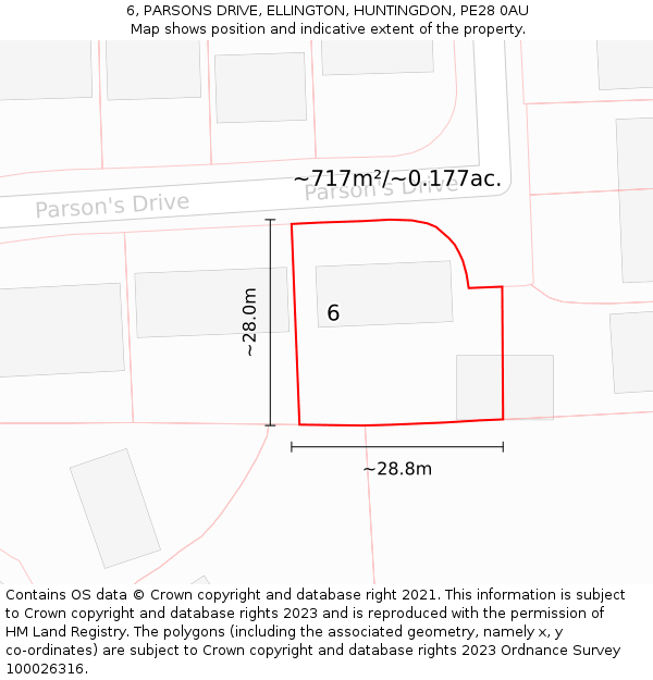 6, PARSONS DRIVE, ELLINGTON, HUNTINGDON, PE28 0AU: Plot and title map