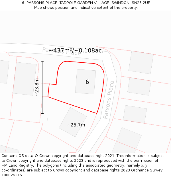 6, PARSONS PLACE, TADPOLE GARDEN VILLAGE, SWINDON, SN25 2UF: Plot and title map