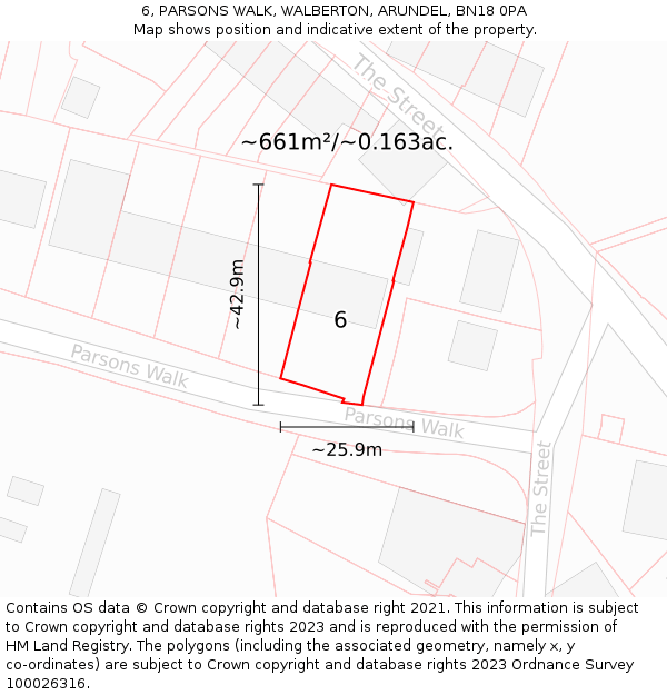 6, PARSONS WALK, WALBERTON, ARUNDEL, BN18 0PA: Plot and title map