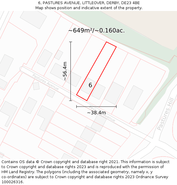 6, PASTURES AVENUE, LITTLEOVER, DERBY, DE23 4BE: Plot and title map