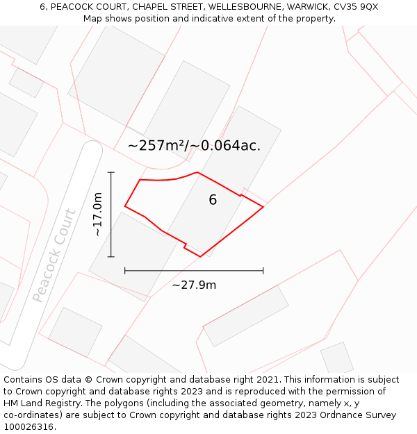 6, PEACOCK COURT, CHAPEL STREET, WELLESBOURNE, WARWICK, CV35 9QX: Plot and title map