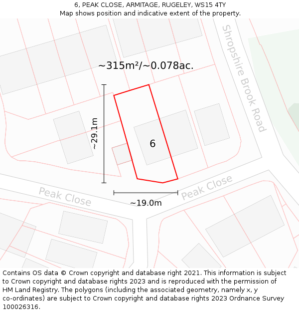 6, PEAK CLOSE, ARMITAGE, RUGELEY, WS15 4TY: Plot and title map