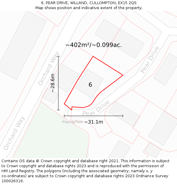 6, PEAR DRIVE, WILLAND, CULLOMPTON, EX15 2QS: Plot and title map