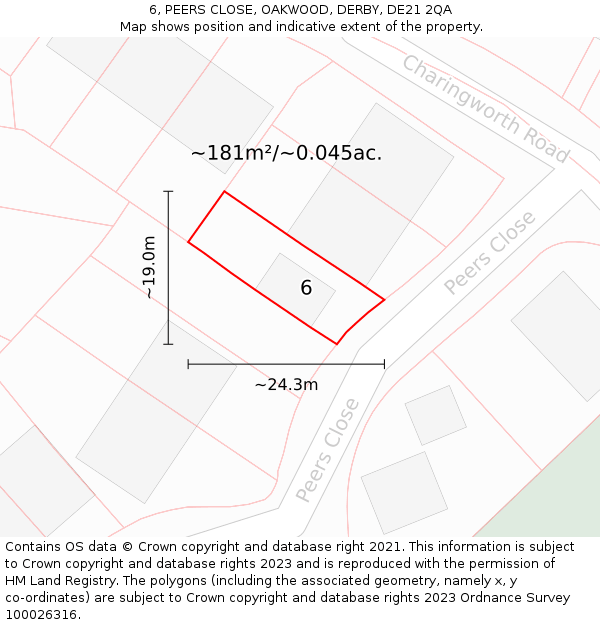 6, PEERS CLOSE, OAKWOOD, DERBY, DE21 2QA: Plot and title map