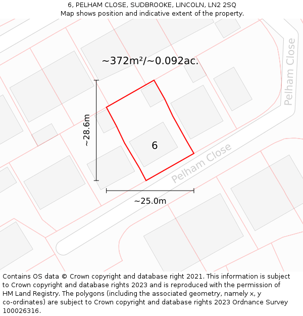 6, PELHAM CLOSE, SUDBROOKE, LINCOLN, LN2 2SQ: Plot and title map