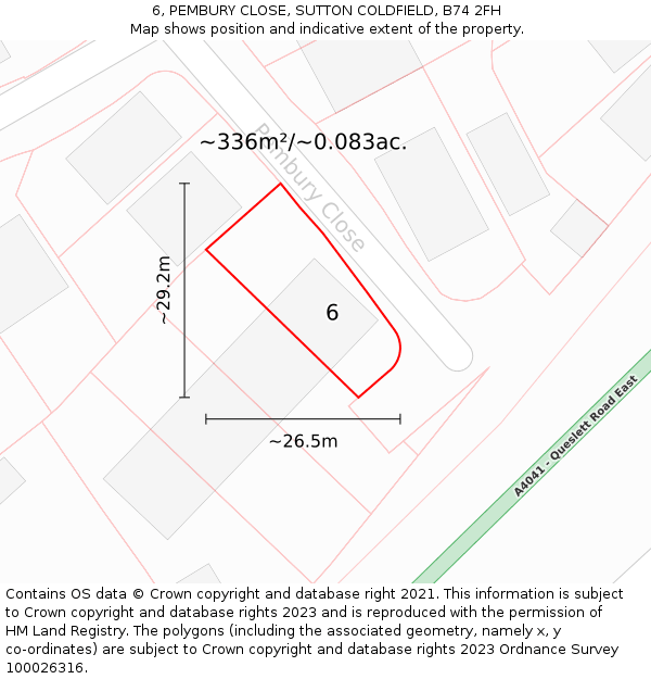 6, PEMBURY CLOSE, SUTTON COLDFIELD, B74 2FH: Plot and title map