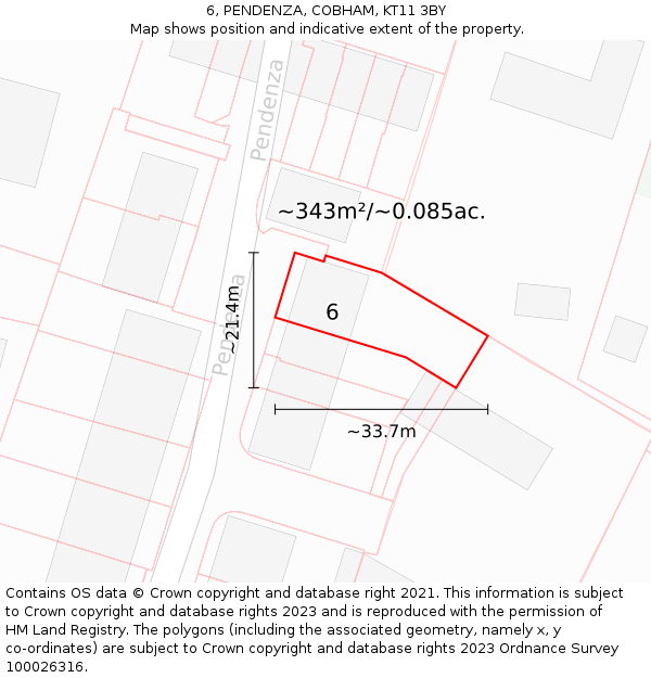 6, PENDENZA, COBHAM, KT11 3BY: Plot and title map