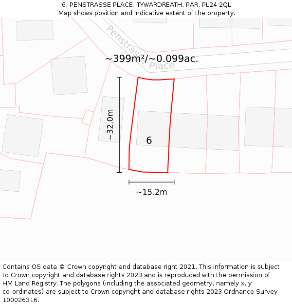 6, PENSTRASSE PLACE, TYWARDREATH, PAR, PL24 2QL: Plot and title map