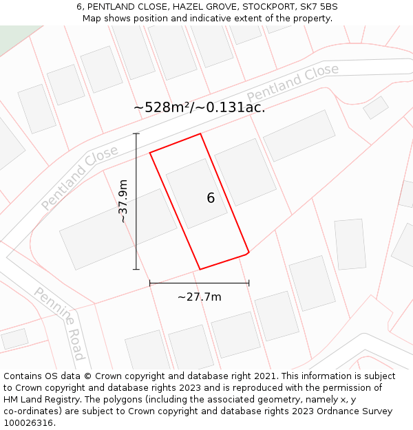 6, PENTLAND CLOSE, HAZEL GROVE, STOCKPORT, SK7 5BS: Plot and title map