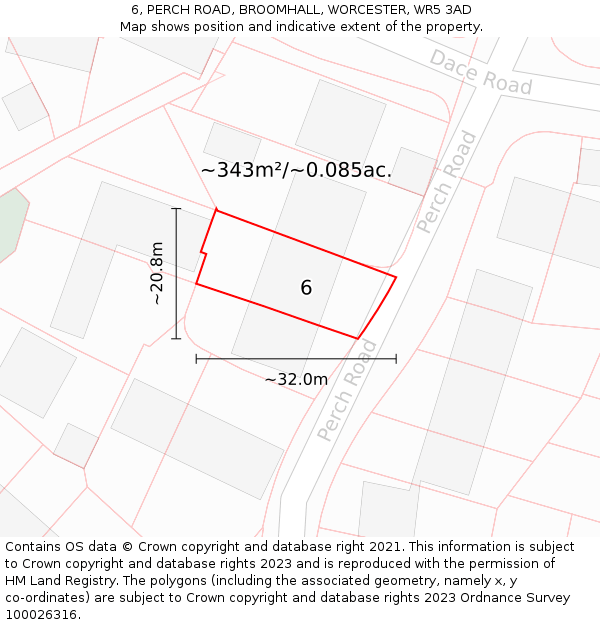 6, PERCH ROAD, BROOMHALL, WORCESTER, WR5 3AD: Plot and title map