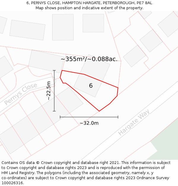 6, PERNYS CLOSE, HAMPTON HARGATE, PETERBOROUGH, PE7 8AL: Plot and title map