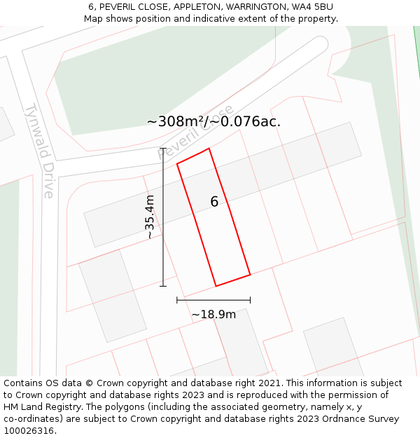 6, PEVERIL CLOSE, APPLETON, WARRINGTON, WA4 5BU: Plot and title map