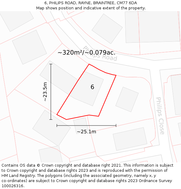 6, PHILIPS ROAD, RAYNE, BRAINTREE, CM77 6DA: Plot and title map