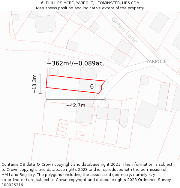 6, PHILLIPS ACRE, YARPOLE, LEOMINSTER, HR6 0DA: Plot and title map