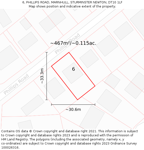 6, PHILLIPS ROAD, MARNHULL, STURMINSTER NEWTON, DT10 1LF: Plot and title map